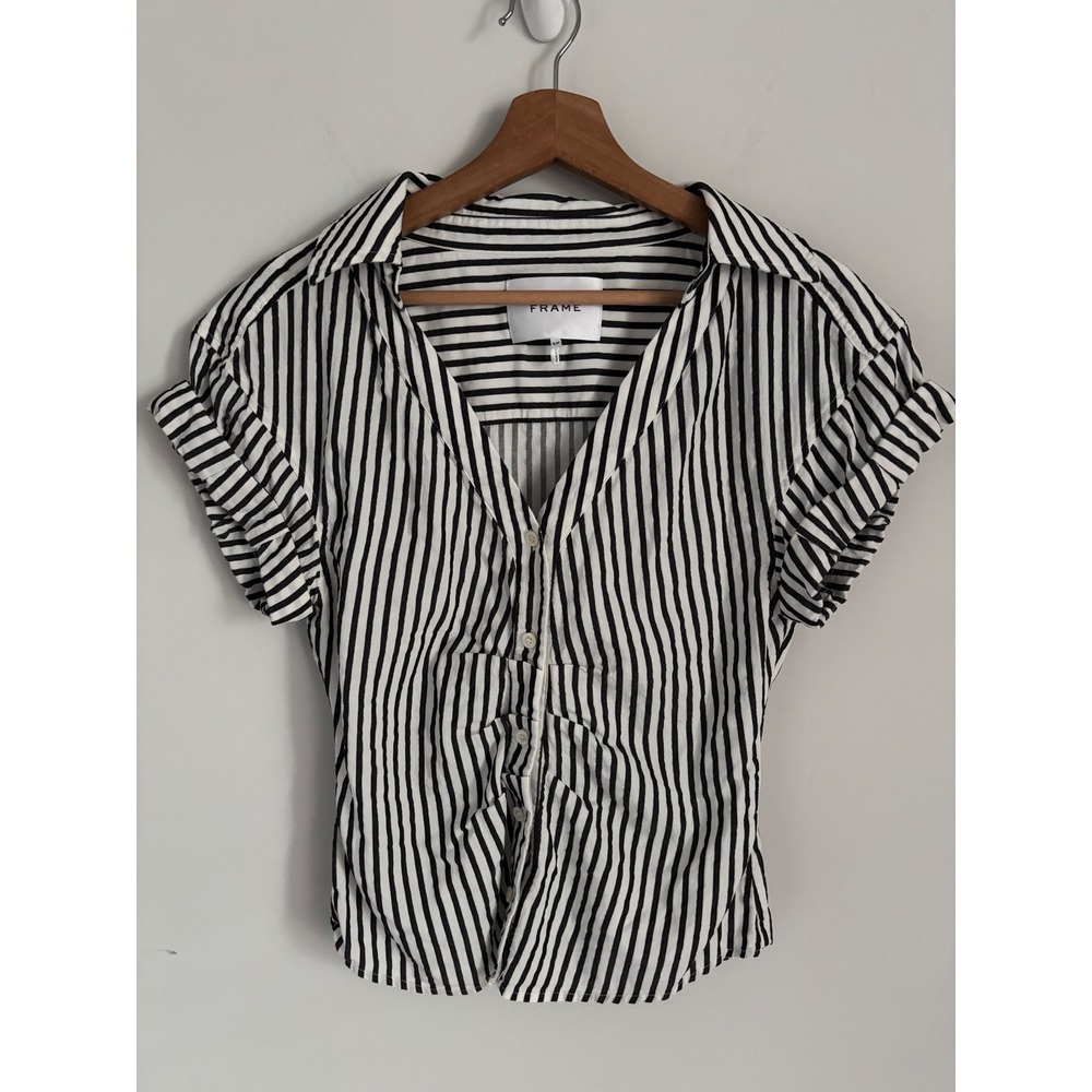 FRAME Striped Ruched Front Short Sleeve Button Down Shirt Black White small